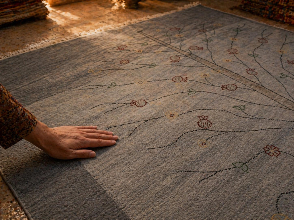 Yoruk Handmade Wool Cotton Rug 5.8x8 ft, Gray Tree Design Area Rug, Turkish Artisan Rug, Neutral Living Room Rug, One of a Kind Carpet