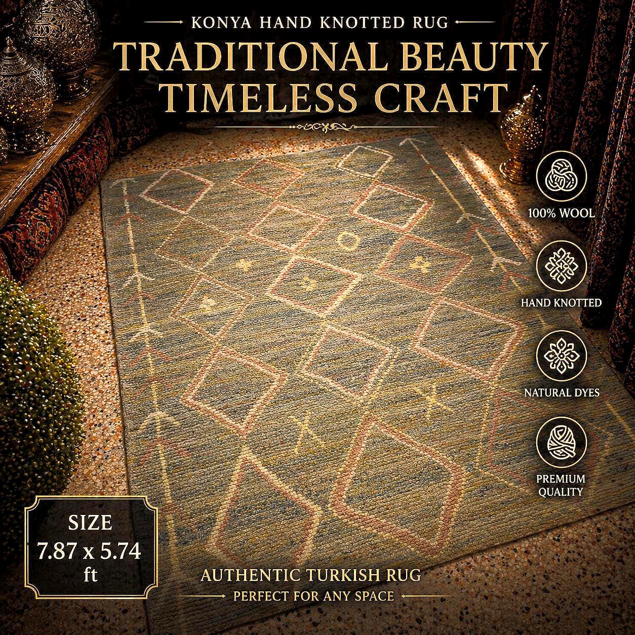 7.87x5.74 ft Hand Knotted Turkish Rug, Vintage Wool Area Rug, Geometric Pattern Rug, Handmade Anatolian Rug, Large Living Room Rug
