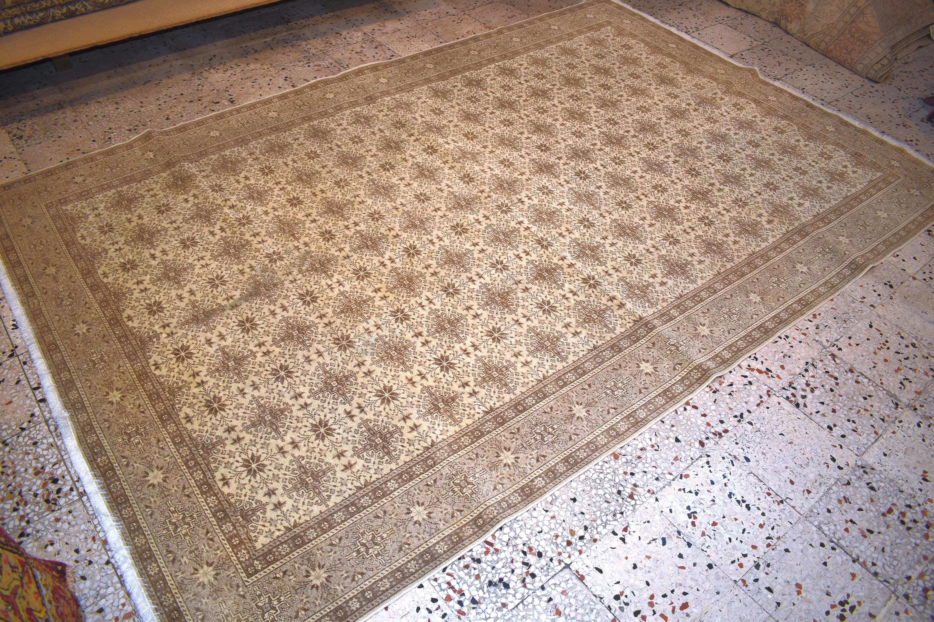 Beige Kayseri Area Rug 6.46x9.77 ft Neutral Vintage Style Rug Large Living Room Carpet Soft Patterned Floor Rug Elegant Home Decor