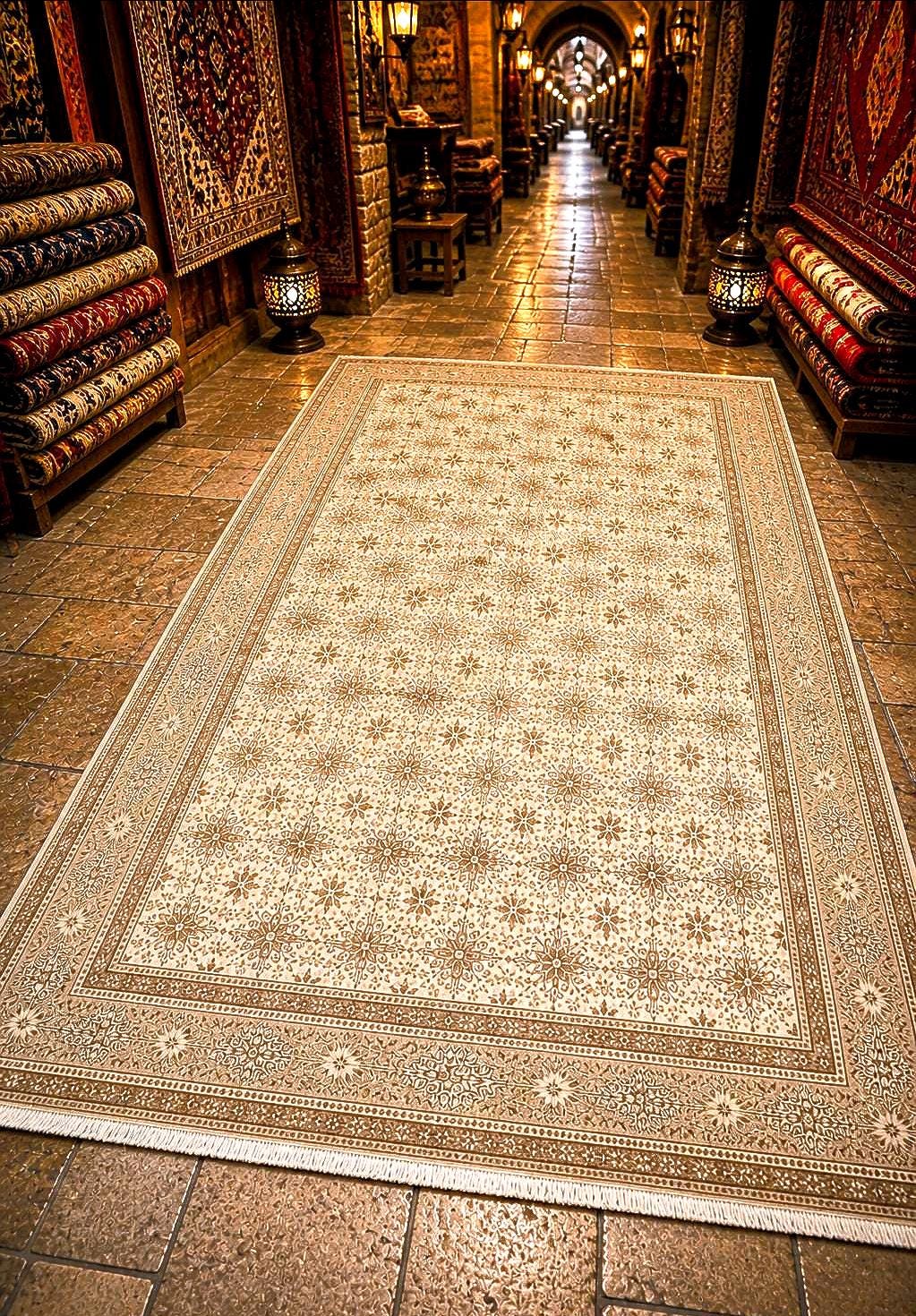 Beige Kayseri Area Rug 6.46x9.77 ft Neutral Vintage Style Rug Large Living Room Carpet Soft Patterned Floor Rug Elegant Home Decor