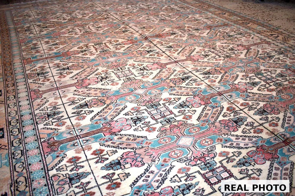 Vintage Turkish Kayseri Rug 11x7 ft, Hand Knotted Wool Carpet, Large Anatolian Area Rug, Beige Blue Living Room Rug, One of a Kind