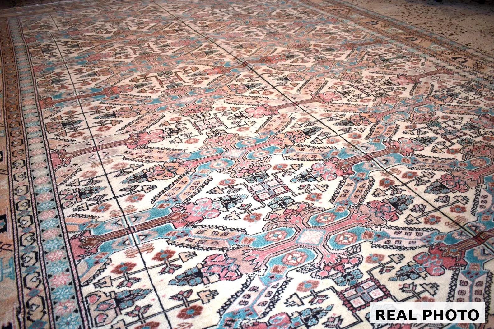 Vintage Turkish Kayseri Rug 11x7 ft, Hand Knotted Wool Carpet, Large Anatolian Area Rug, Beige Blue Living Room Rug, One of a Kind