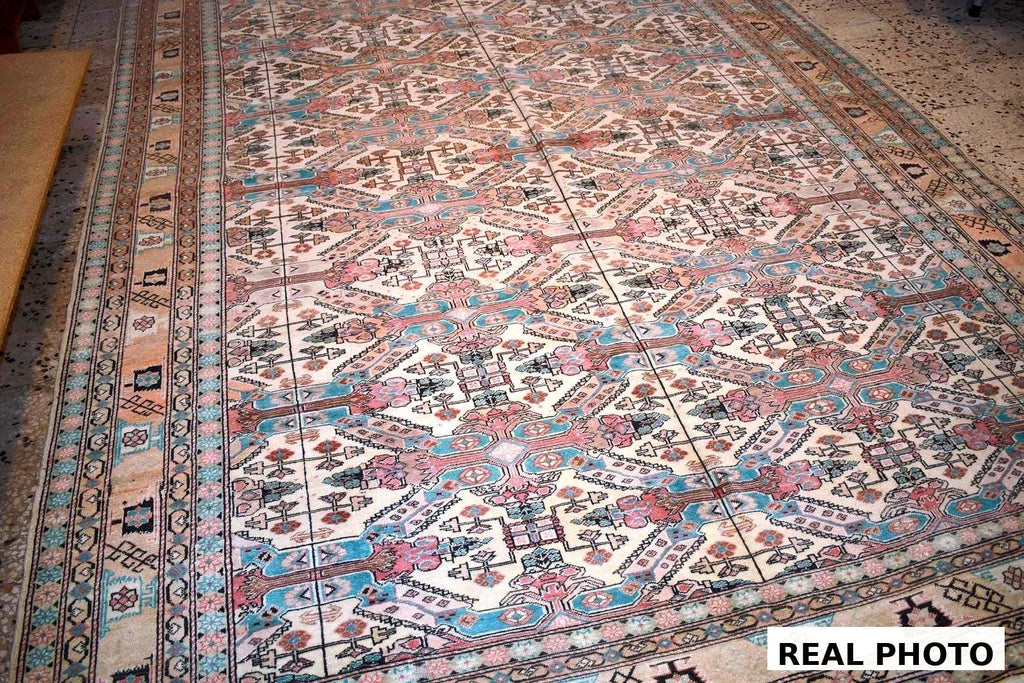 Vintage Turkish Kayseri Rug 11x7 ft, Hand Knotted Wool Carpet, Large Anatolian Area Rug, Beige Blue Living Room Rug, One of a Kind