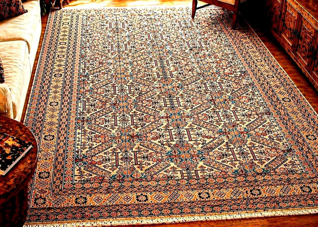 Vintage Turkish Kayseri Rug 11x7 ft, Hand Knotted Wool Carpet, Large Anatolian Area Rug, Beige Blue Living Room Rug, One of a Kind