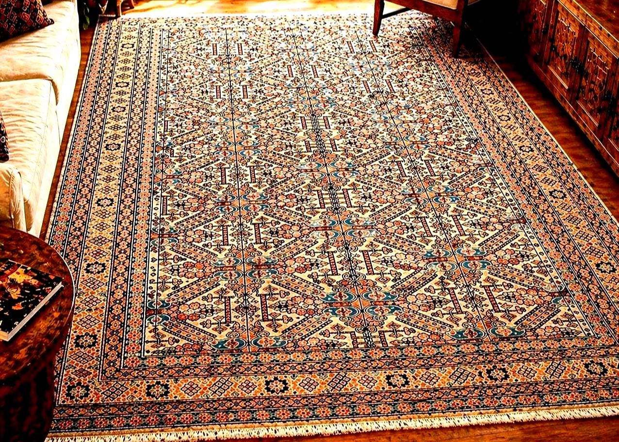 Vintage Turkish Kayseri Rug 11x7 ft, Hand Knotted Wool Carpet, Large Anatolian Area Rug, Beige Blue Living Room Rug, One of a Kind