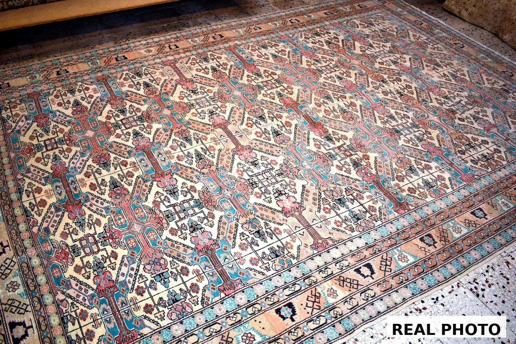Vintage Turkish Kayseri Rug 11x7 ft, Hand Knotted Wool Carpet, Large Anatolian Area Rug, Beige Blue Living Room Rug, One of a Kind