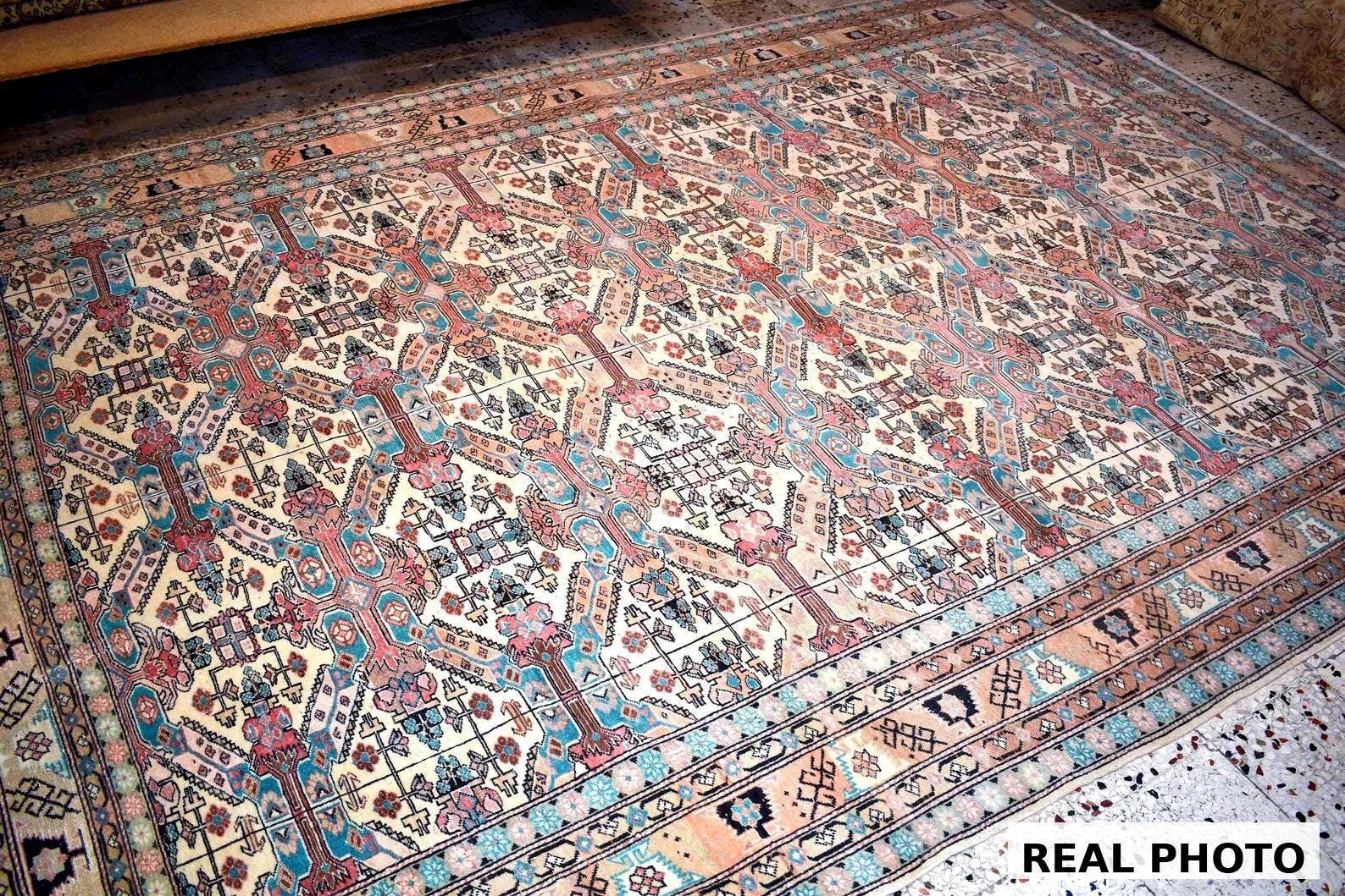 Vintage Turkish Kayseri Rug 11x7 ft, Hand Knotted Wool Carpet, Large Anatolian Area Rug, Beige Blue Living Room Rug, One of a Kind