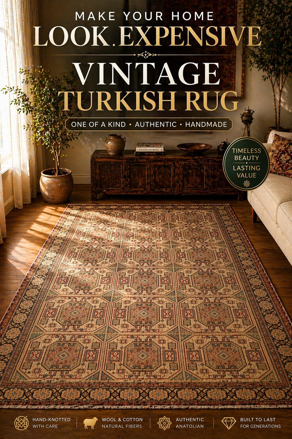 Hand Knotted Wool Rug 6.5x9.8 ft Vintage Turkish Kayseri Bunyan Rug, Large Living Room Area Rug, Beige Neutral Oriental Carpet One of a Kind