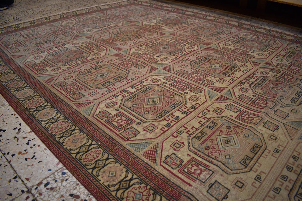 Hand Knotted Wool Rug 6.5x9.8 ft Vintage Turkish Kayseri Bunyan Rug, Large Living Room Area Rug, Beige Neutral Oriental Carpet One of a Kind