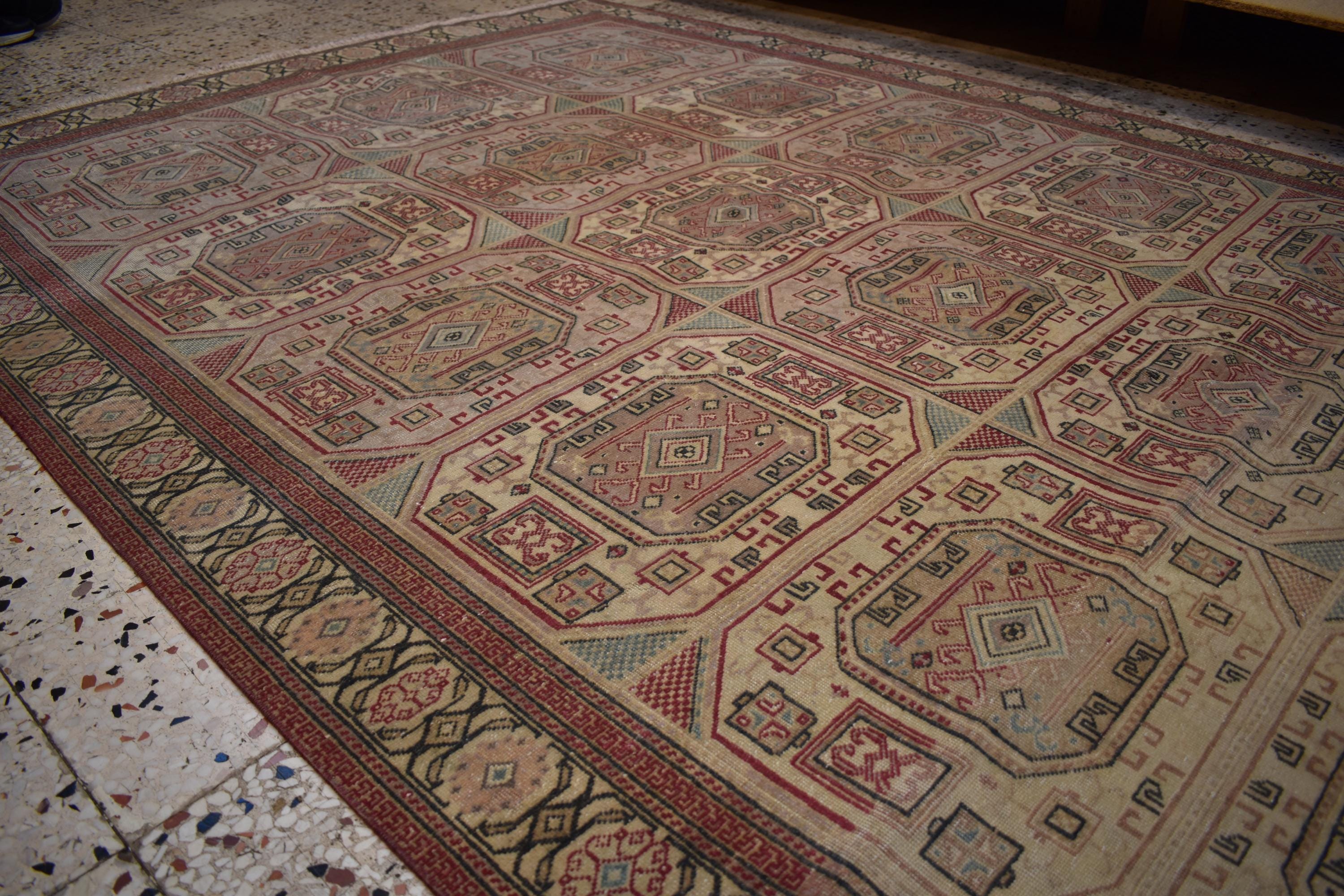 Hand Knotted Wool Rug 6.5x9.8 ft Vintage Turkish Kayseri Bunyan Rug, Large Living Room Area Rug, Beige Neutral Oriental Carpet One of a Kind