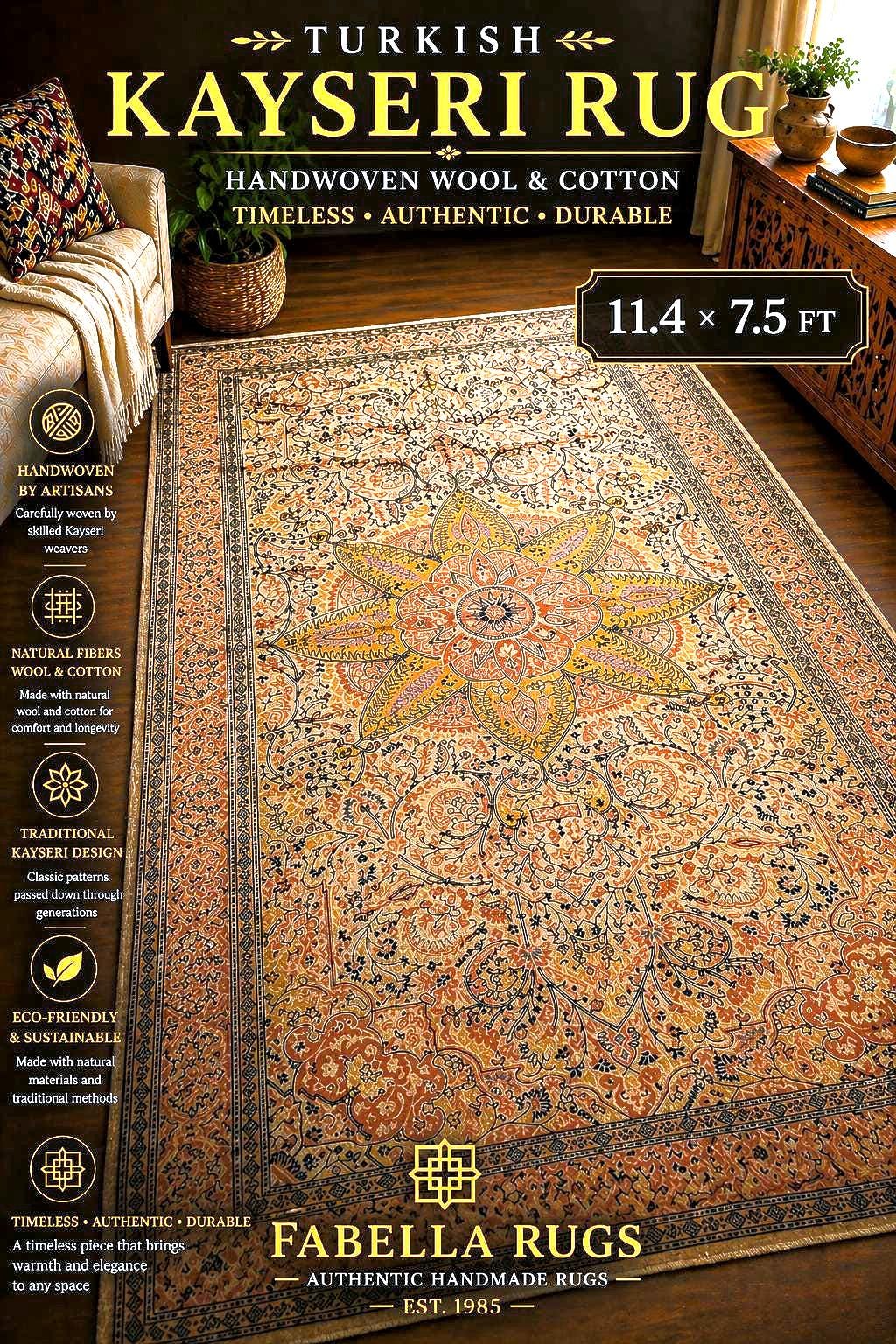 Handwoven Turkish Kayseri Rug 11.4 x 7.5 ft – Wool & Cotton Oriental Area Rug, Large Vintage Floral Carpet, One of a Kind Living Room Rug