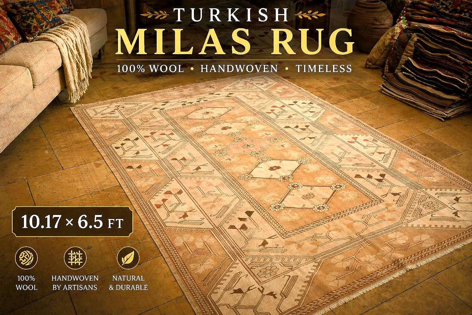 Vintage Turkish Milas Rug 10.2 x 6.5 ft – Handwoven 100% Wool Area Rug, Beige Brown Tribal Rug, Anatolian Geometric Carpet, One of a Kind