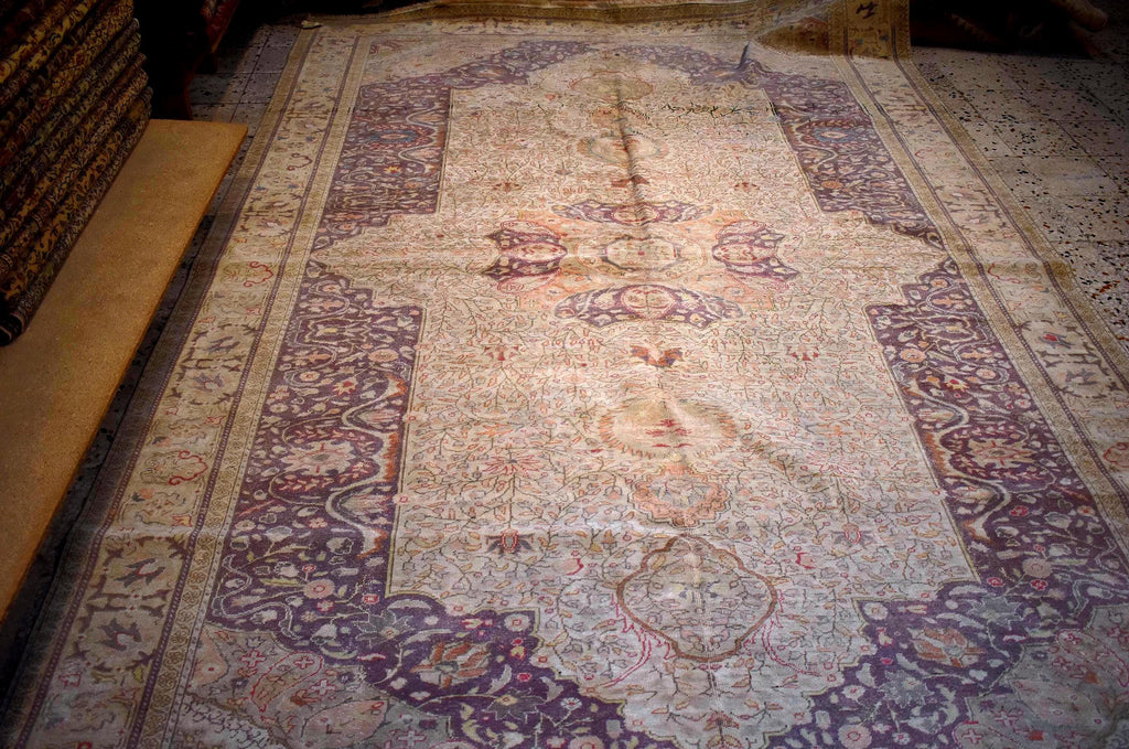Hand Knotted Vintage Turkish Kayseri Rug 12x8 ft, Large Wool Area Rug, Neutral Oriental Carpet, One of a Kind Luxury Rug