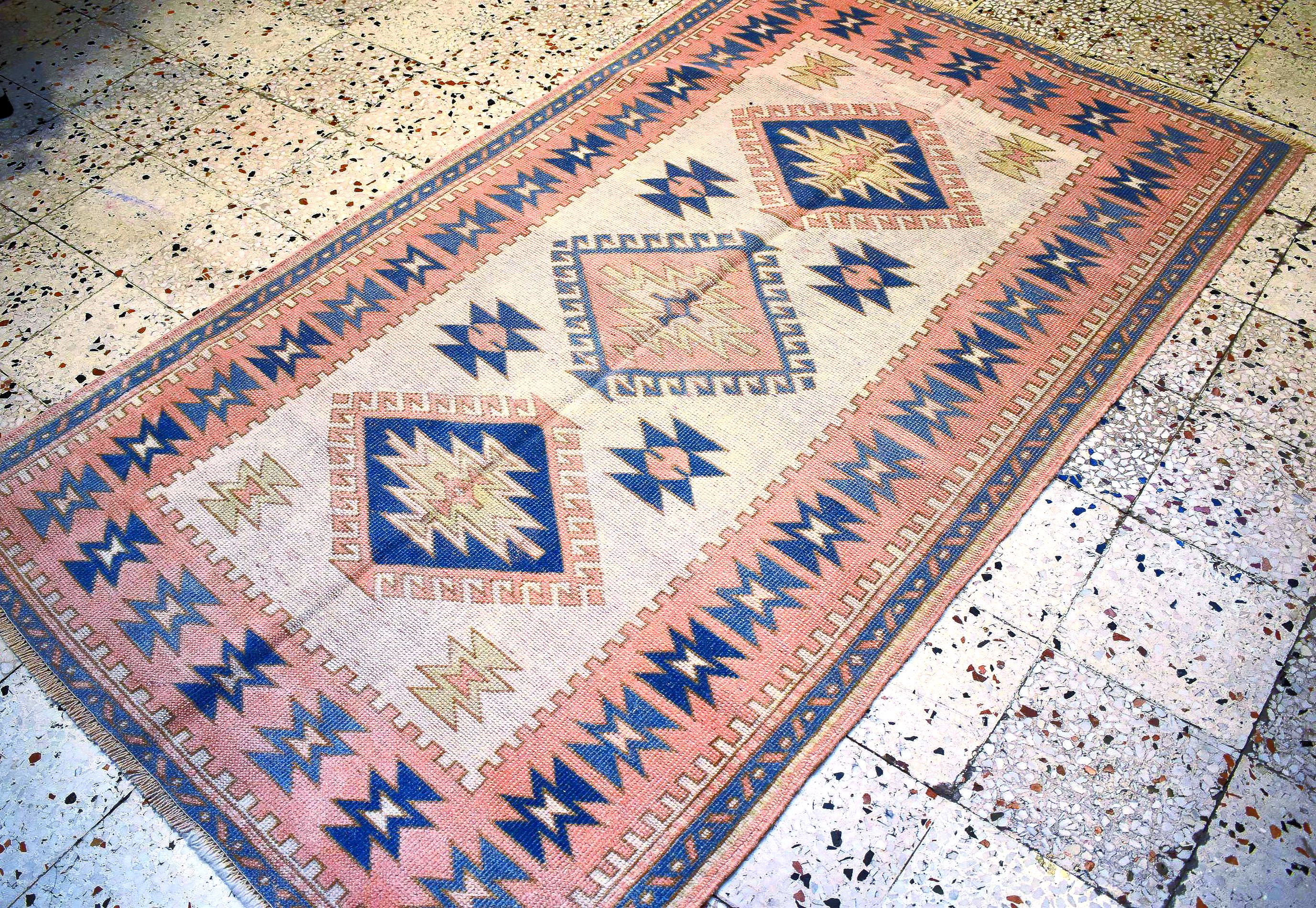 Vintage Turkish Kilim Rug 4x7 ft, Handwoven Wool Area Rug, Terracotta Navy Tribal Carpet, Boho Living Room Rug, One of a Kind