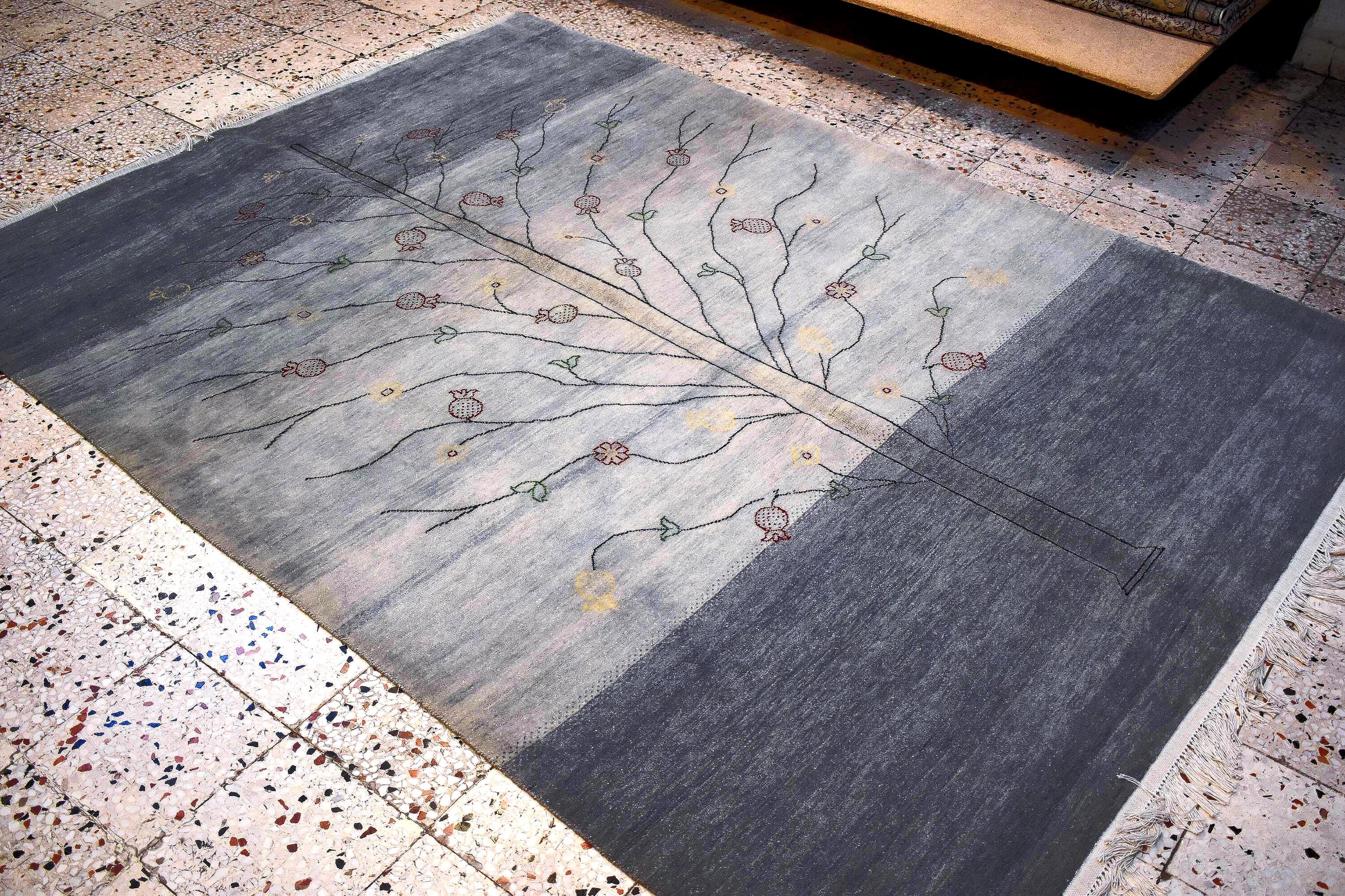Yoruk Handmade Wool Cotton Rug 5.8x8 ft, Gray Tree Design Area Rug, Turkish Artisan Rug, Neutral Living Room Rug, One of a Kind Carpet