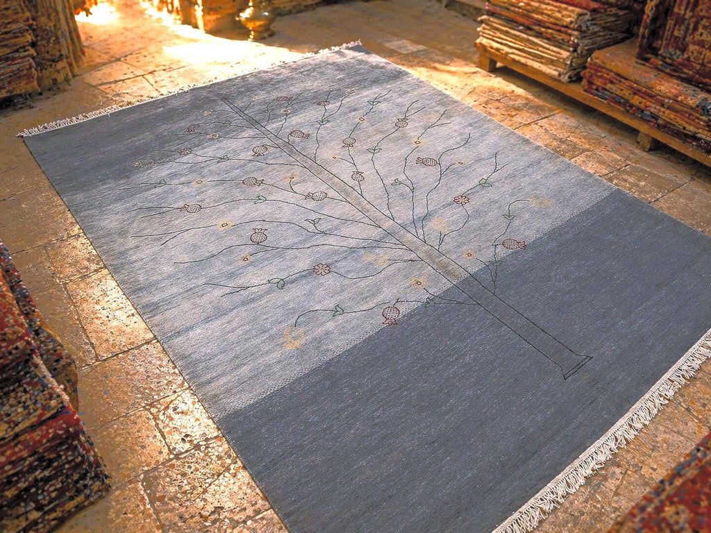Yoruk Handmade Wool Cotton Rug 5.8x8 ft, Gray Tree Design Area Rug, Turkish Artisan Rug, Neutral Living Room Rug, One of a Kind Carpet