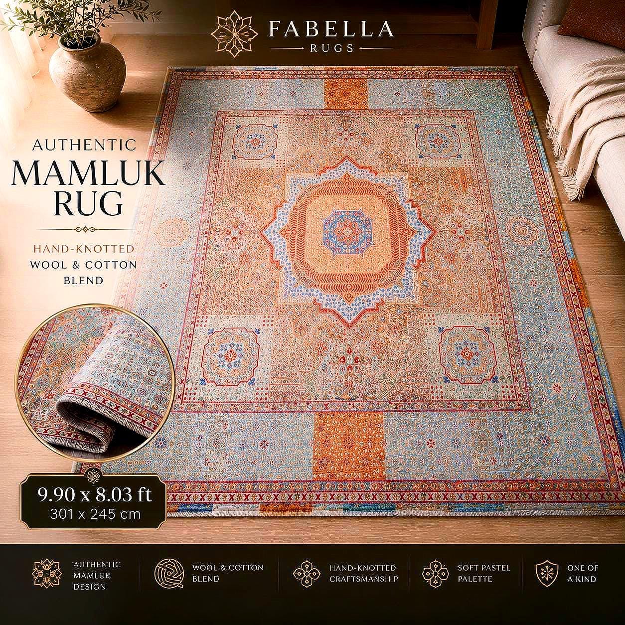 Hand Knotted Mamluk Rug 9.9x8 ft, Vintage Style Wool Cotton Area Rug, Large Pastel Turkish Rug, Luxury Oriental Carpet, One of a Kind Rug