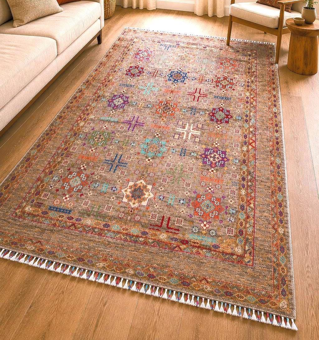 One of a Kind Sultani Afghan Rug 6.39 x 5.02 Ft – Handmade Tribal Area Rug – Vintage Afghan Carpet – Earthy Neutral Boho Rug