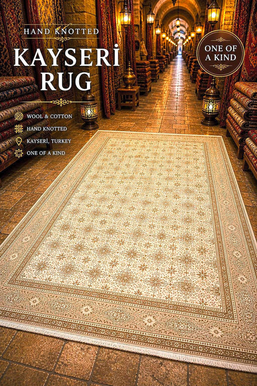 Beige Kayseri Area Rug 6.46x9.77 ft Neutral Vintage Style Rug Large Living Room Carpet Soft Patterned Floor Rug Elegant Home Decor