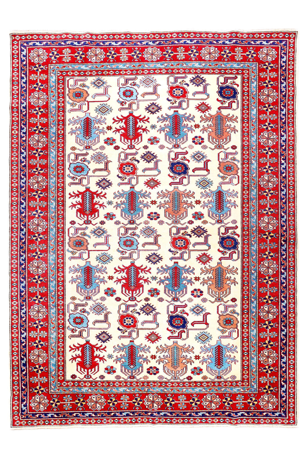 Handmade Shirvan Rug 7.61 x 6.07 ft, Caucasian Tribal Wool Rug, Vintage Geometric Rug, Oriental Carpet, Red Blue Handmade Turkish Style Rug