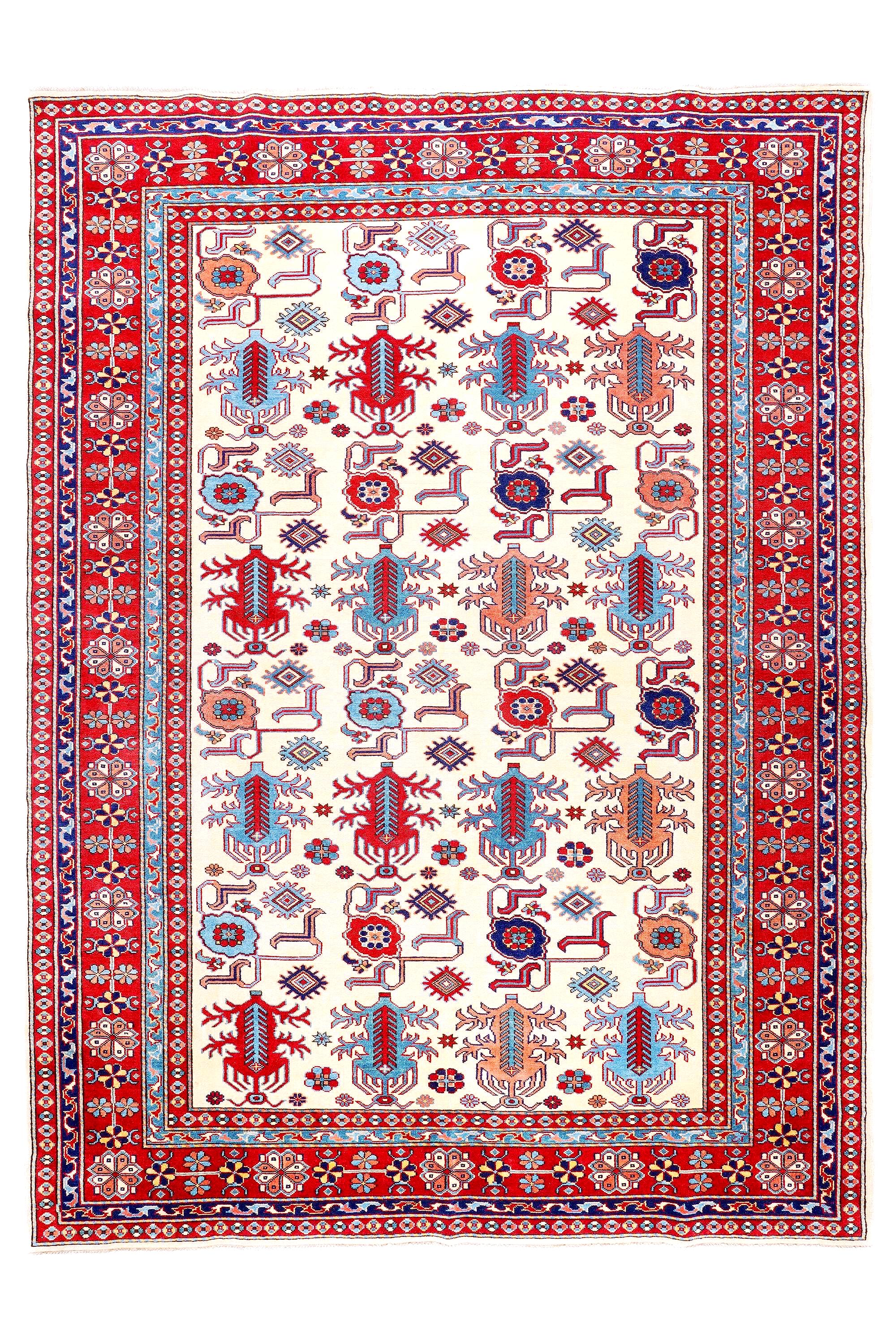 Handmade Shirvan Rug 7.61 x 6.07 ft, Caucasian Tribal Wool Rug, Vintage Geometric Rug, Oriental Carpet, Red Blue Handmade Turkish Style Rug