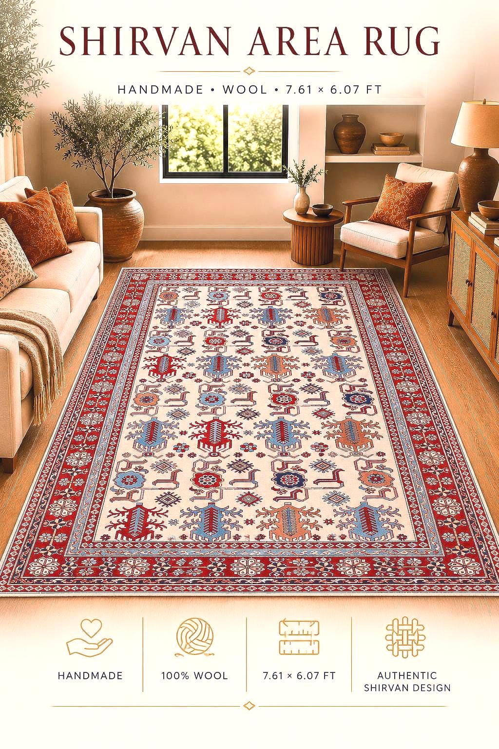 Handmade Shirvan Rug 7.61 x 6.07 ft, Caucasian Tribal Wool Rug, Vintage Geometric Rug, Oriental Carpet, Red Blue Handmade Turkish Style Rug