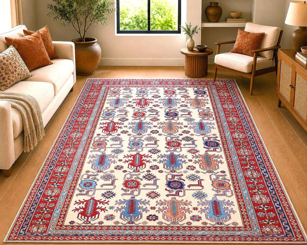 Handmade Shirvan Rug 7.61 x 6.07 ft, Caucasian Tribal Wool Rug, Vintage Geometric Rug, Oriental Carpet, Red Blue Handmade Turkish Style Rug