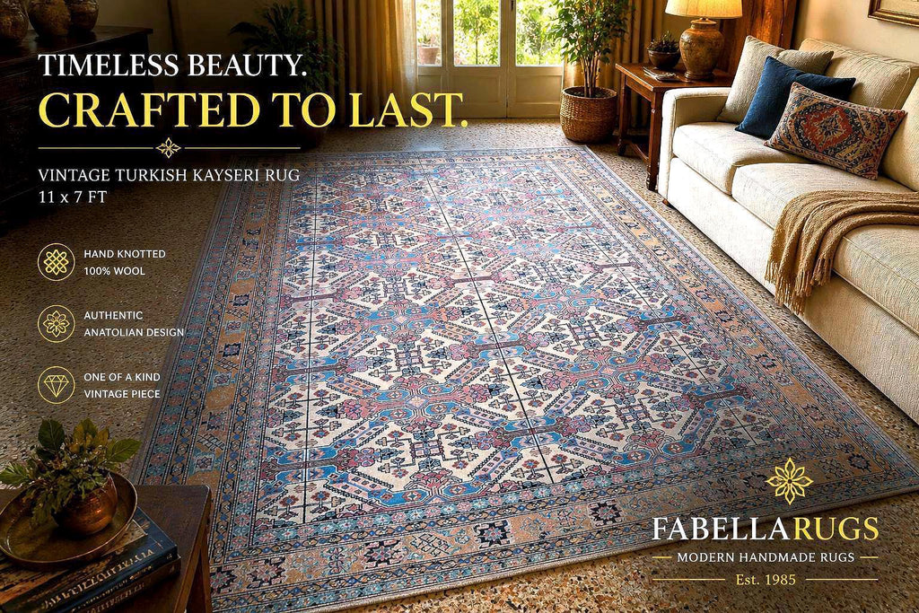 Vintage Turkish Kayseri Rug 11x7 ft, Hand Knotted Wool Carpet, Large Anatolian Area Rug, Beige Blue Living Room Rug, One of a Kind
