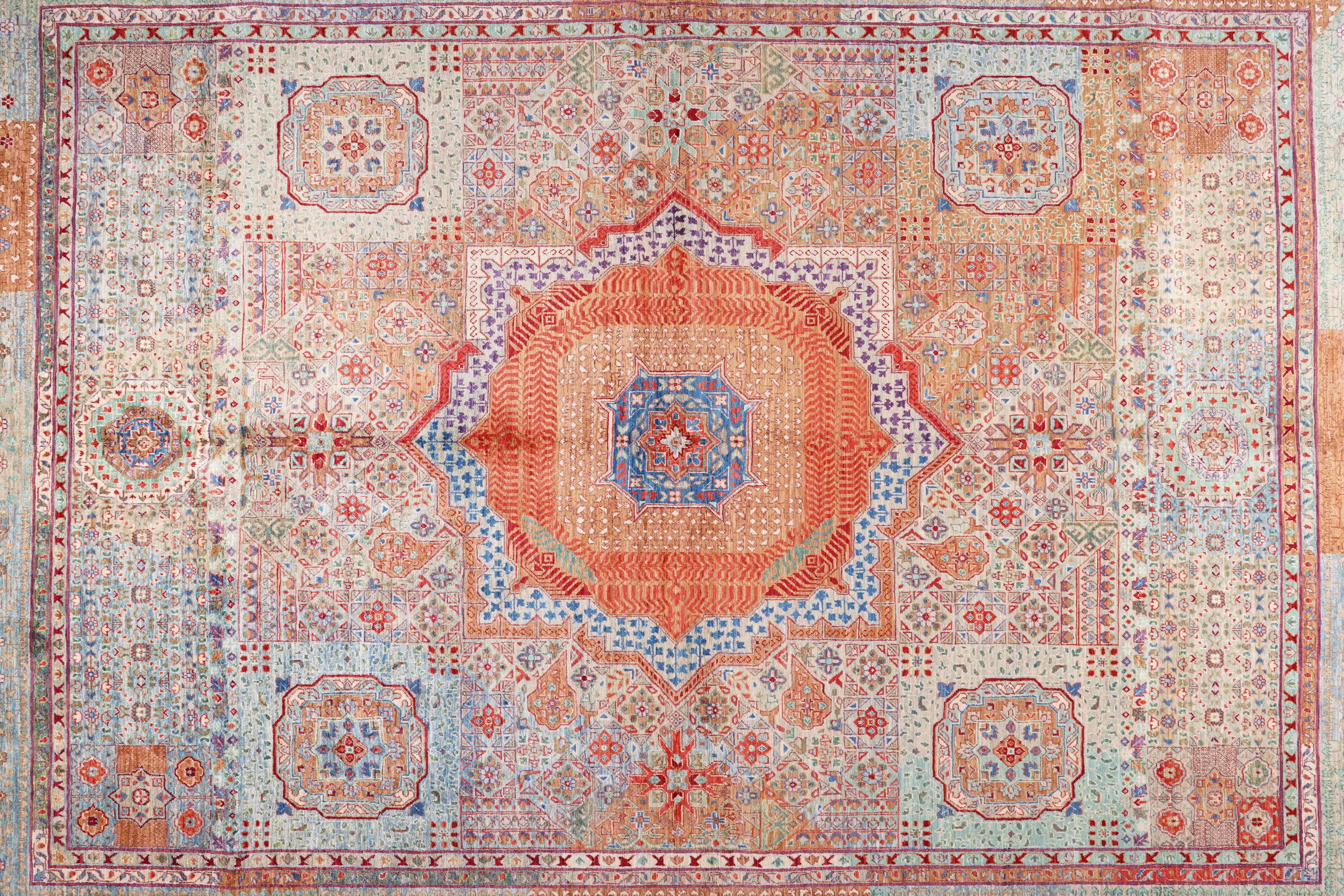 Hand Knotted Mamluk Rug 9.9x8 ft, Vintage Style Wool Cotton Area Rug, Large Pastel Turkish Rug, Luxury Oriental Carpet, One of a Kind Rug