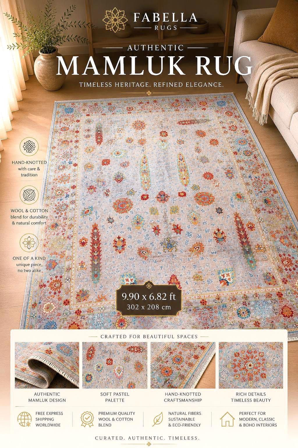 Luxury Hand-Knotted Mamluk Rug 9.90x6.82 ft, Pastel Vintage Oriental Rug, Wool Cotton Handmade Area Rug, Large Turkish Style Rug