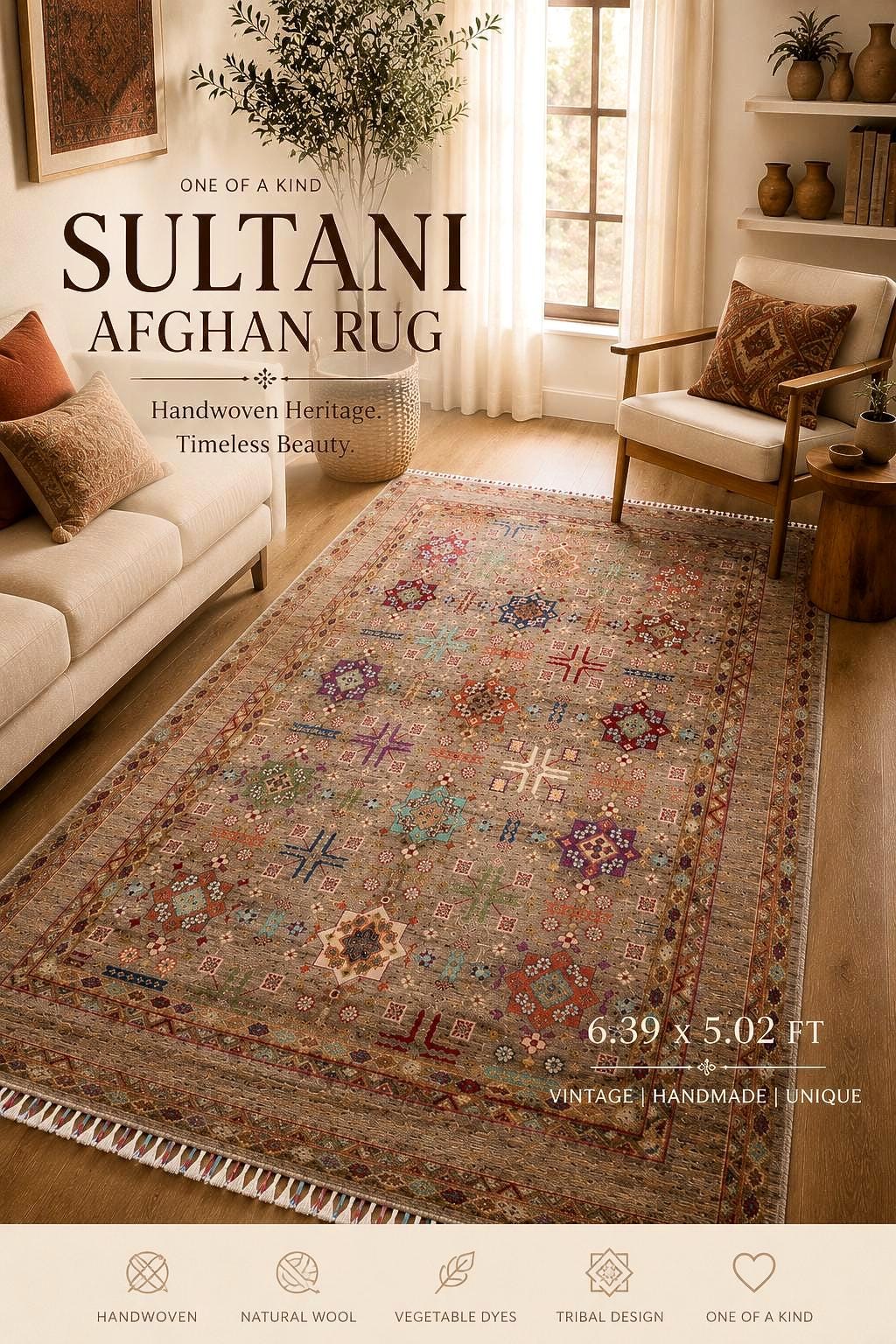 One of a Kind Sultani Afghan Rug 6.39 x 5.02 Ft – Handmade Tribal Area Rug – Vintage Afghan Carpet – Earthy Neutral Boho Rug
