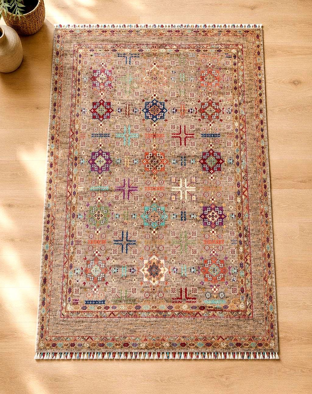 One of a Kind Sultani Afghan Rug 6.39 x 5.02 Ft – Handmade Tribal Area Rug – Vintage Afghan Carpet – Earthy Neutral Boho Rug