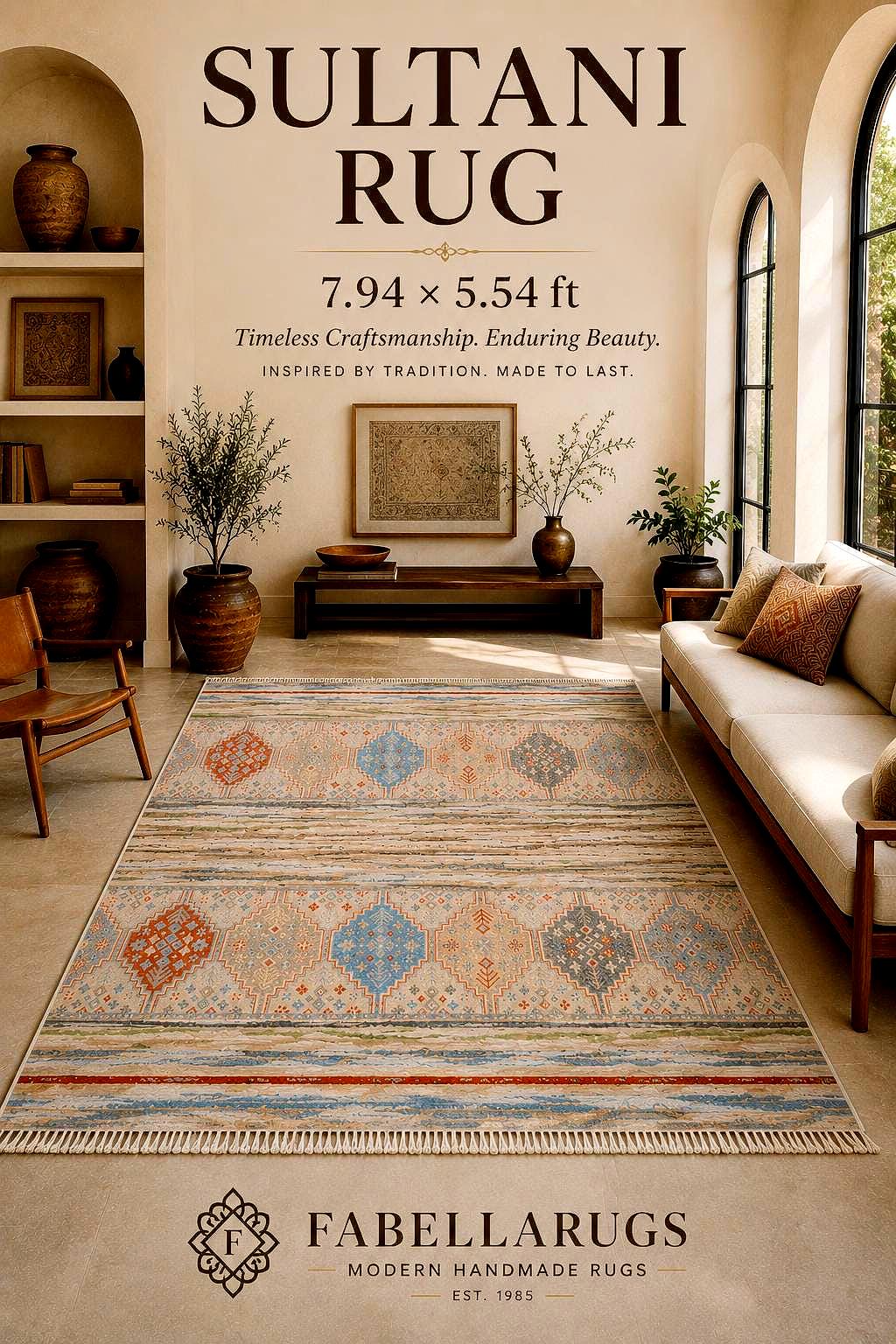Handmade Sultani Rug 7.94 x 5.54 ft, Turkish Style Area Rug, Neutral Beige Wool Rug, Vintage Look Handwoven Rug, Luxury Living Room Carpet