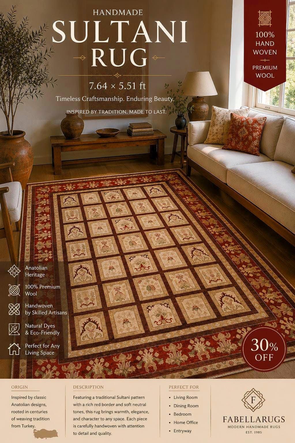 Handmade Sultani Rug 7.64 x 5.51 ft, Luxury Turkish Style Wool Rug, Red Anatolian Area Rug, Vintage Handwoven Rug, Tribal Geometric Carpet
