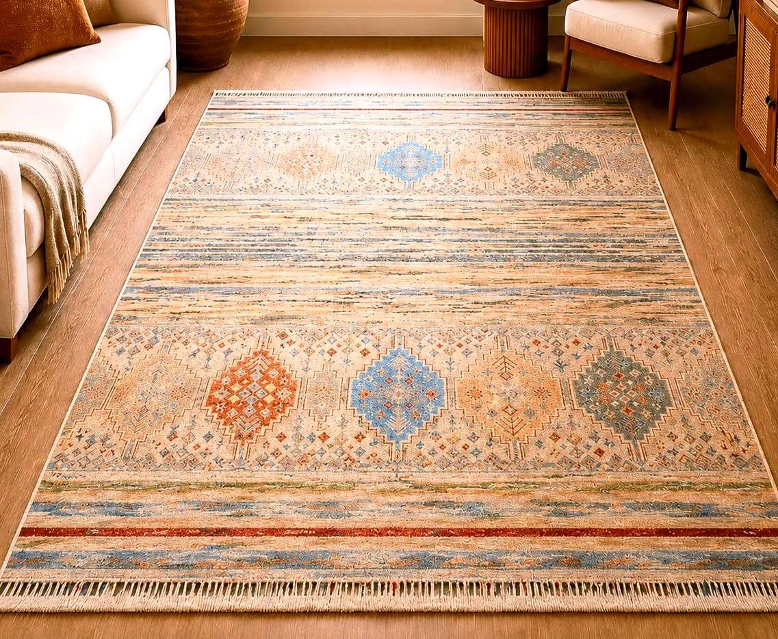 Handmade Sultani Rug 7.94 x 5.54 ft, Turkish Style Area Rug, Neutral Beige Wool Rug, Vintage Look Handwoven Rug, Luxury Living Room Carpet