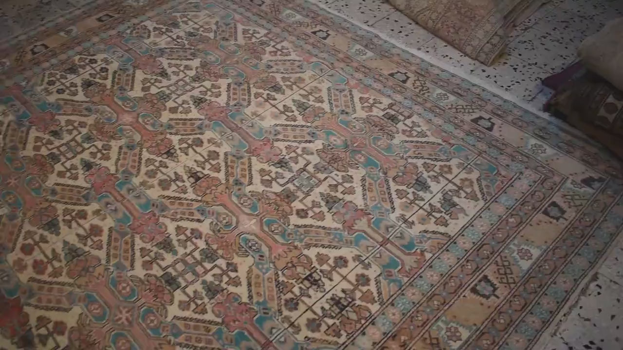 Vintage Turkish Kayseri Rug 11x7 ft, Hand Knotted Wool Carpet, Large Anatolian Area Rug, Beige Blue Living Room Rug, One of a Kind