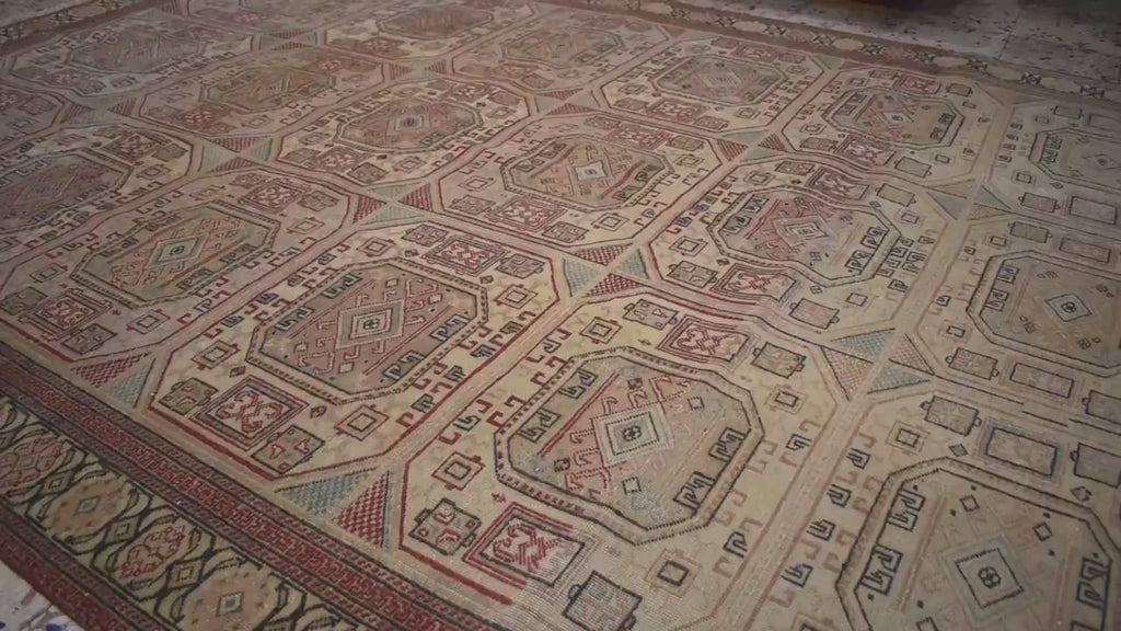 Hand Knotted Wool Rug 6.5x9.8 ft Vintage Turkish Kayseri Bunyan Rug, Large Living Room Area Rug, Beige Neutral Oriental Carpet One of a Kind