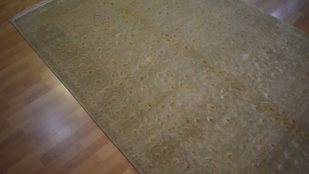 Handwoven Indian Silk Wool Rug 5.57x7.87 ft, One of a Kind Oriental Area Rug, Luxury Floral Carpet, Beige Gold Vintage Style Living Room Rug