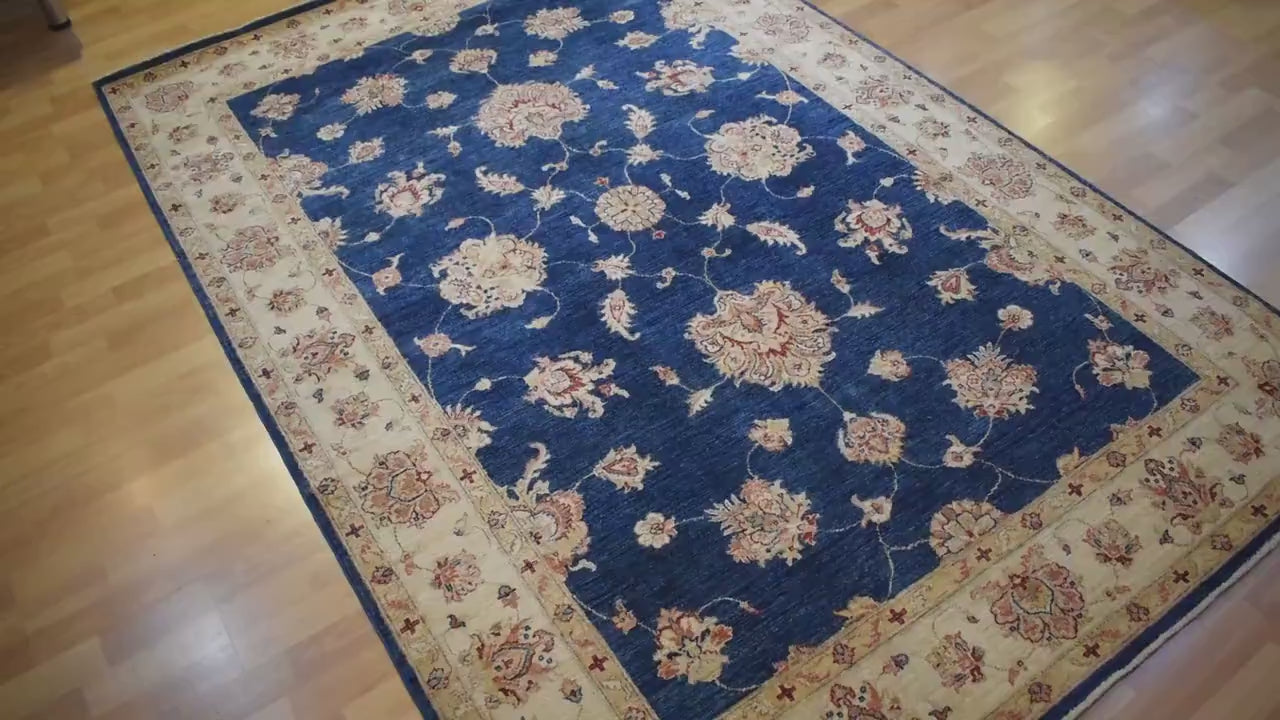 One of a Kind Handwoven Afghan Wool Rug 8x6 ft Navy Blue Floral Oriental Rug Vintage Style Traditional Living Room Area Rug OOAK