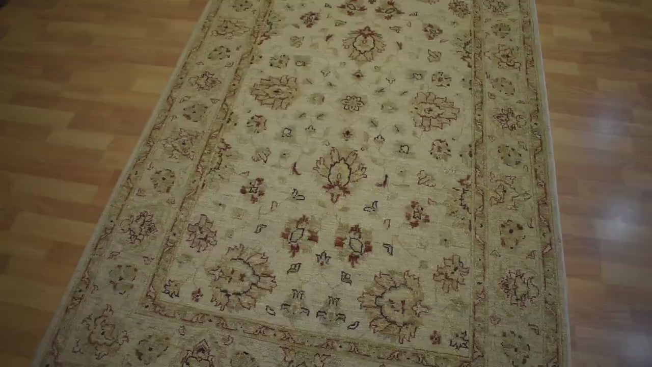 Handwoven Afghan Wool Area Rug 4.6x6.6 ft One of a Kind Vintage Oriental Rug Cream Beige Tribal Oushak Style Boho Living Room Carpet